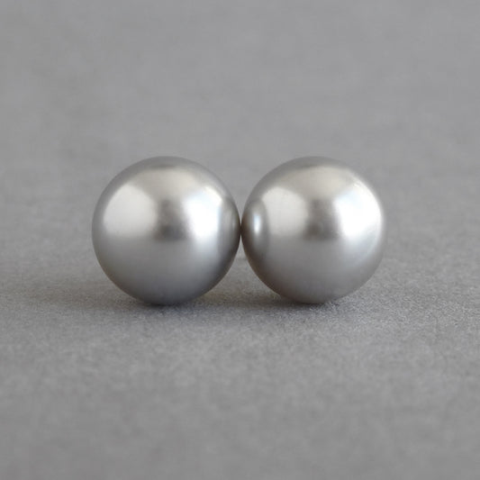 10mm Light Grey Pearl Stud Earrings - Large, Round, Silver Grey, Studs