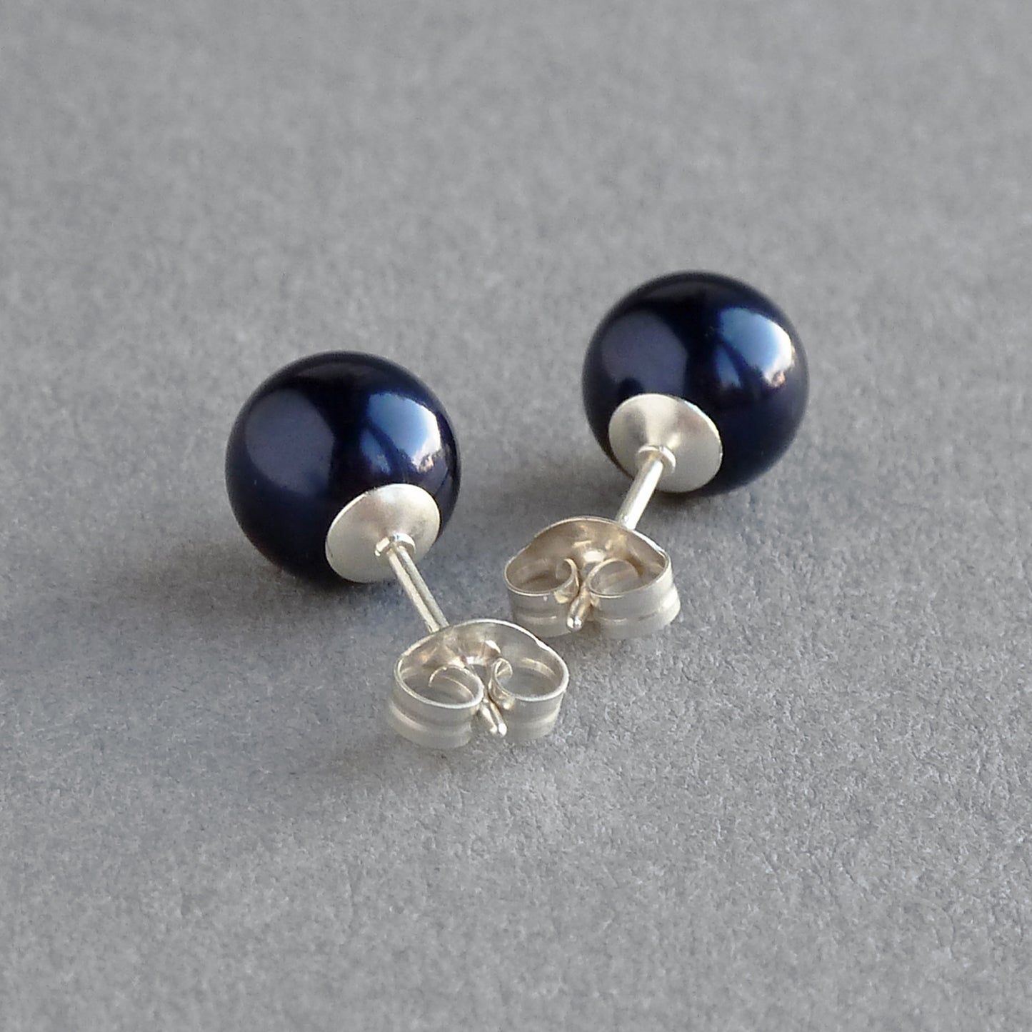 8mm navy blue pearl stud earrings with Sterling silver posts