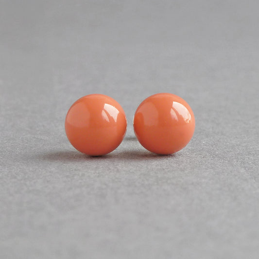8mm Coral Orange Stud Earrings - Round, Salmon Peach, Pearl Studs