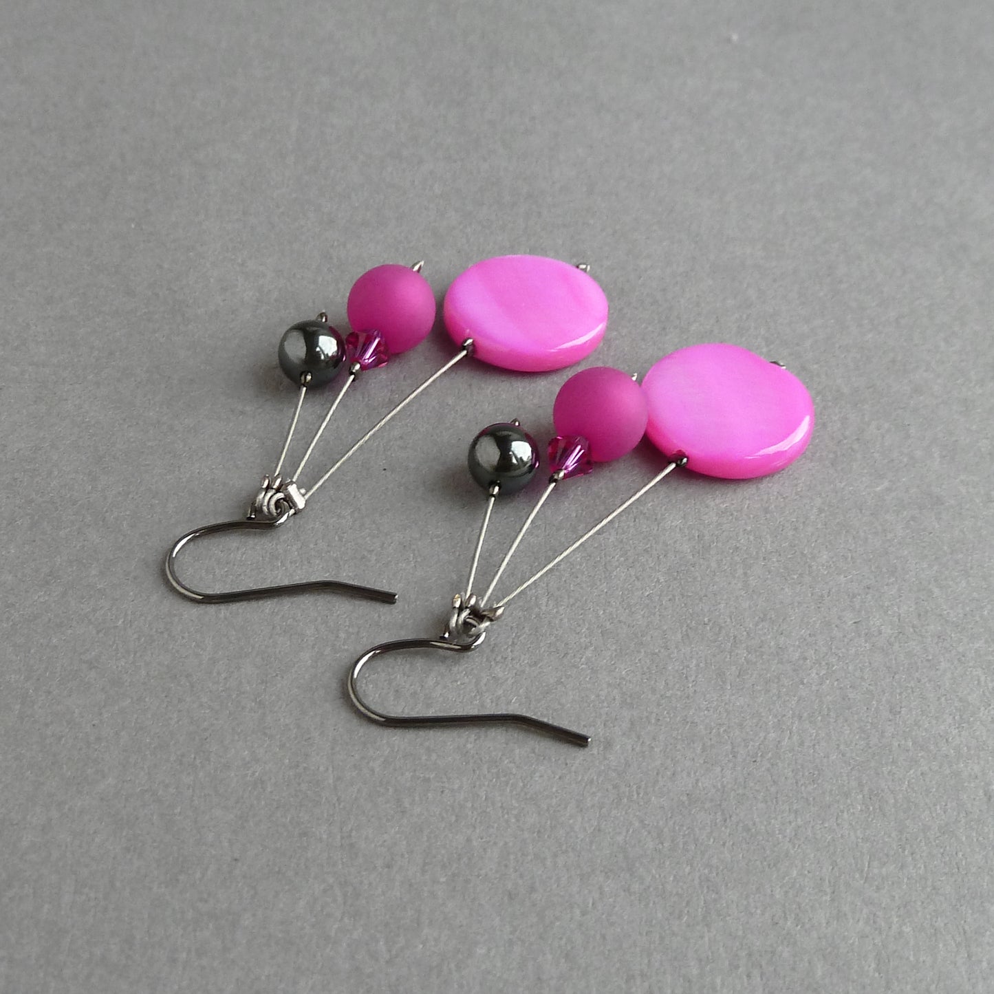 Bright pink three strand earrings
