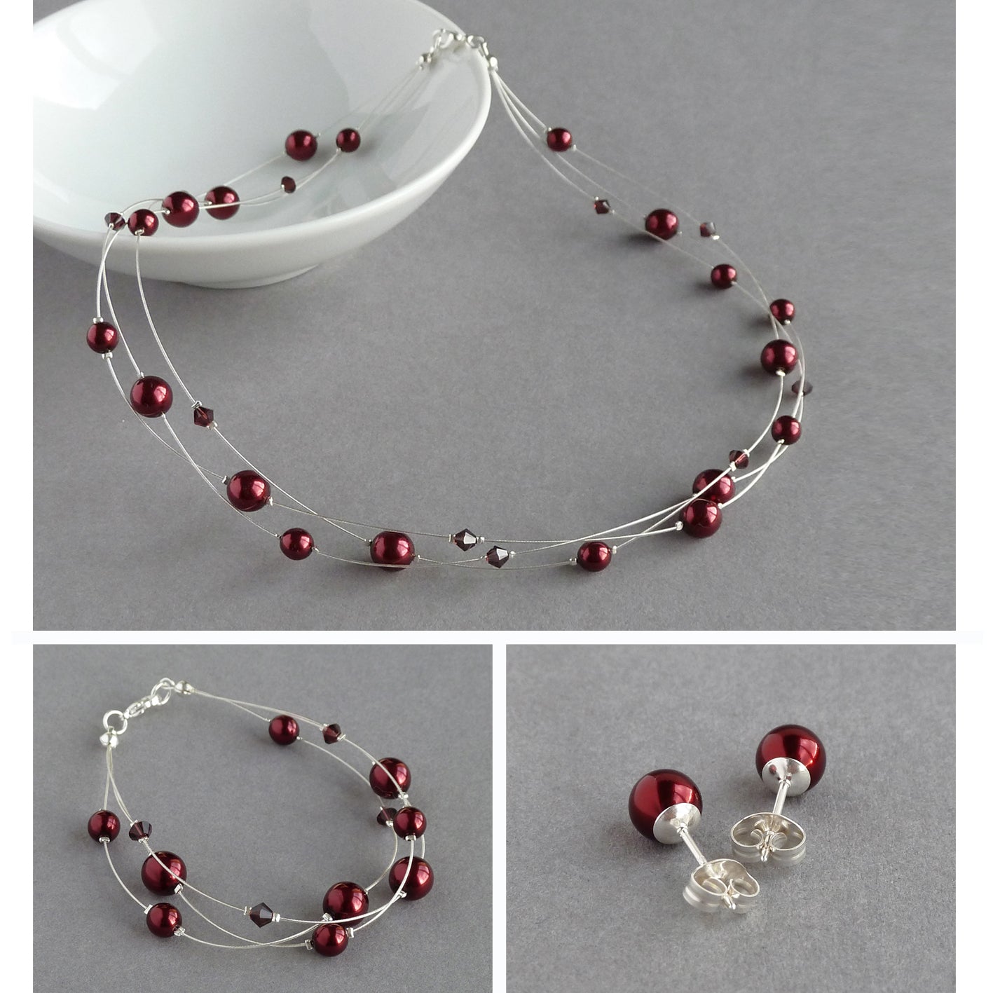 Burgundy floating pearl jewellery set by Anna King Jewellery