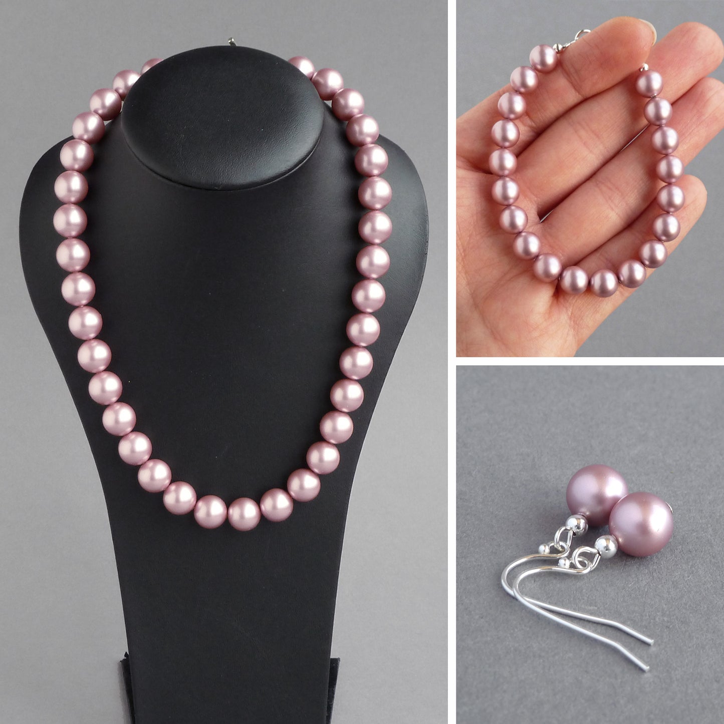Chunky dusky pink pearl jewellery set - powder pink necklace, single strand bracelet and drop earrings