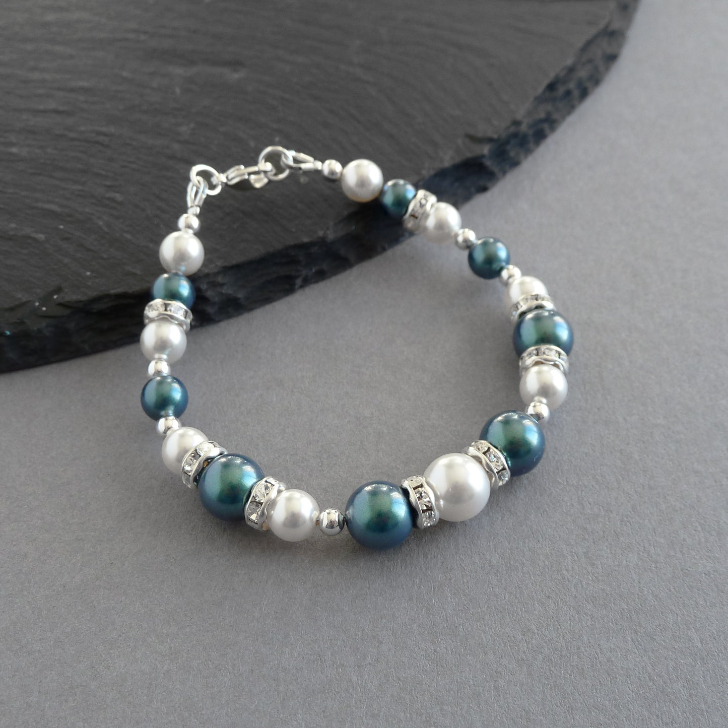Dark green pearl and crystal bracelets
