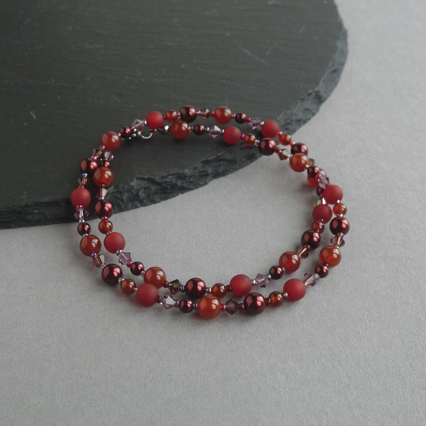 Dark red pearl, carnelian and crystal necklace