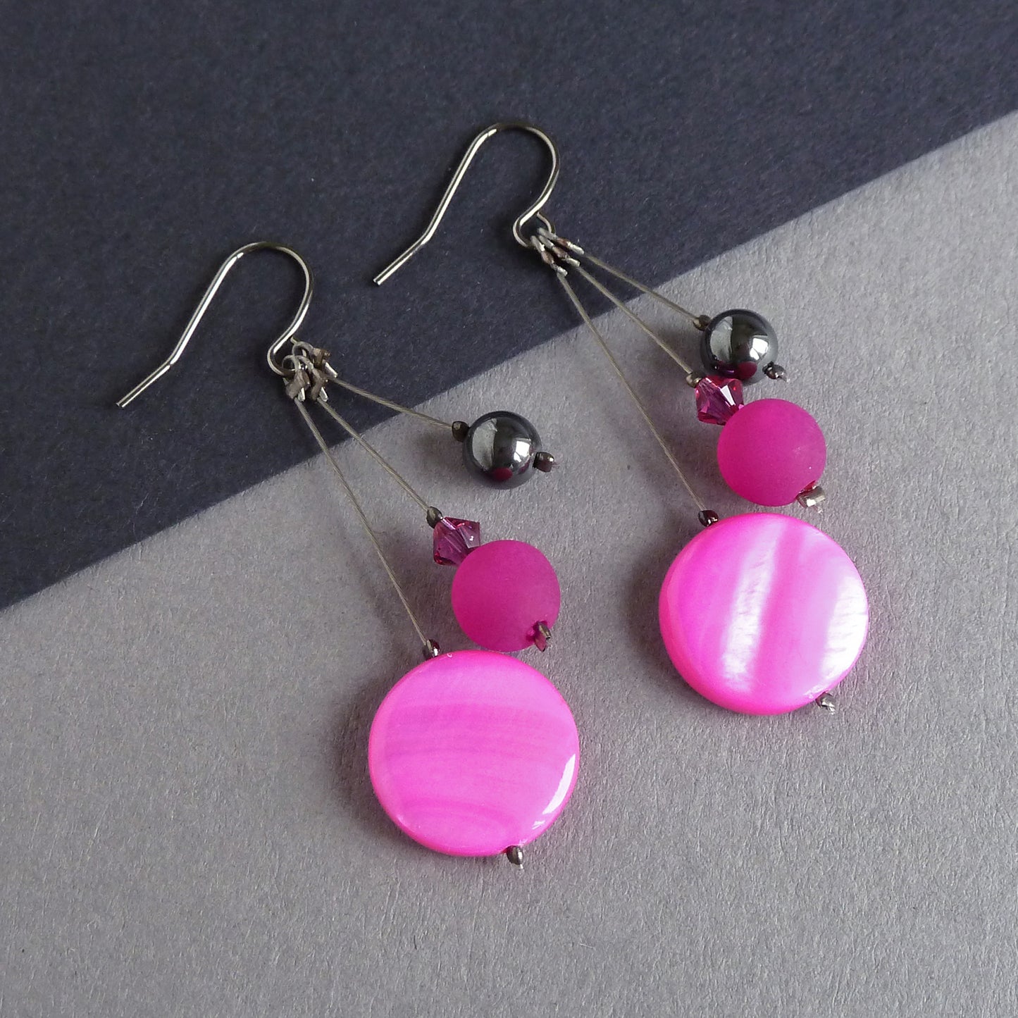 Fuchsia three strand earrings