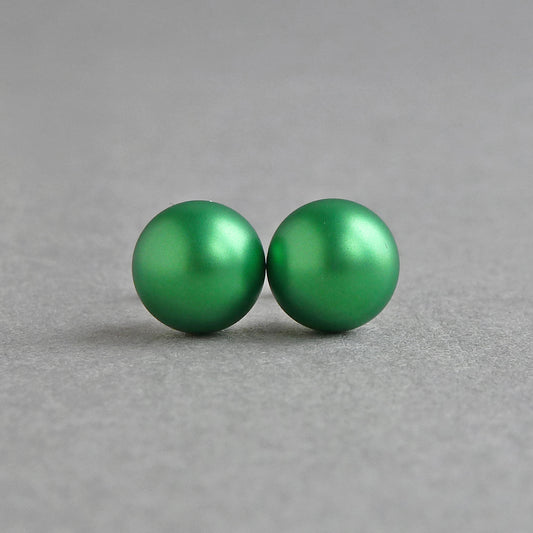8mm Emerald Green Pearl Studs - Round, Bright Green Stud Earrings