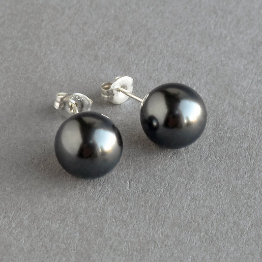 10mm Black Pearl Stud Earrings - Round, Large, Dark Grey Studs