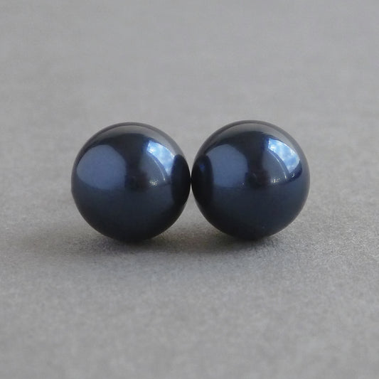 10mm Navy Pearl Stud Earrings - Large, Round, Dark Blue Studs