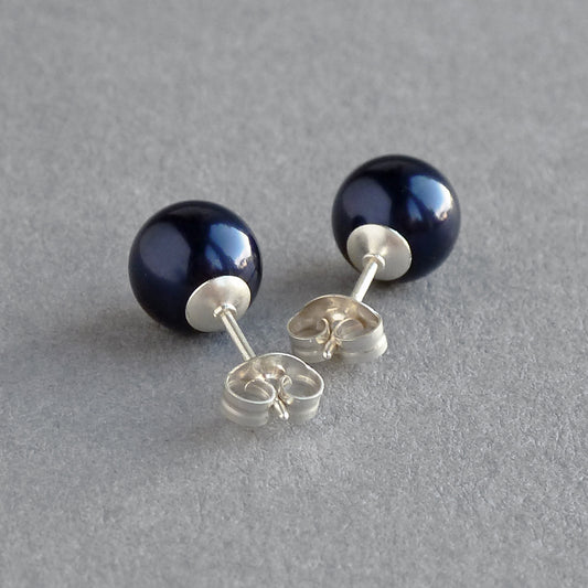 8mm Navy Blue Stud Earrings - Round, Dark Blue, Coloured Glass Pearl Studs
