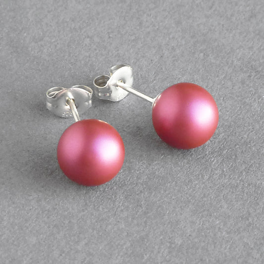 8mm Mulberry Pink Glass Pearl Studs - Round, Dark Raspberry Pink, Stud Earrings for Women -