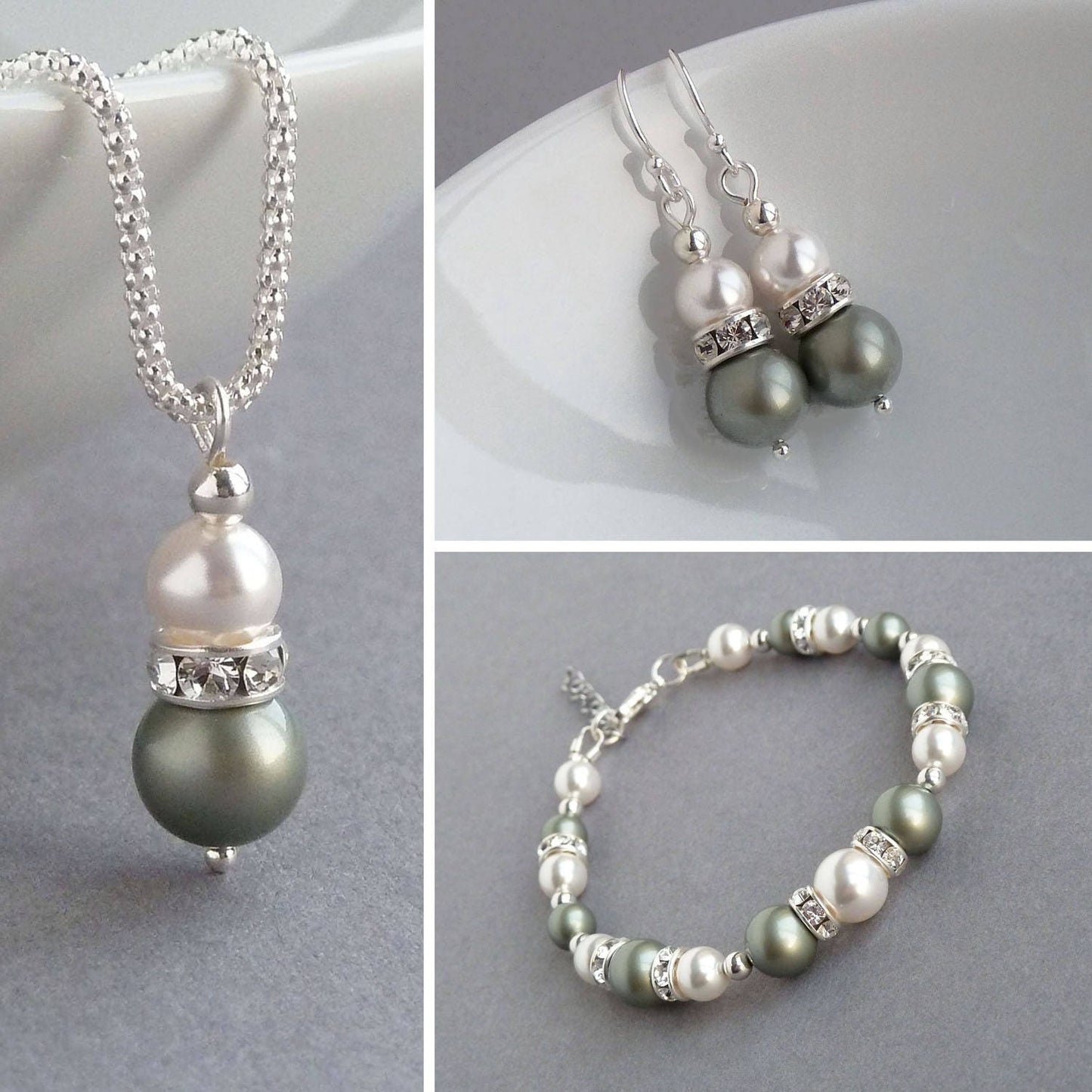 Sage green and white jewellery set made with pearls and crystals