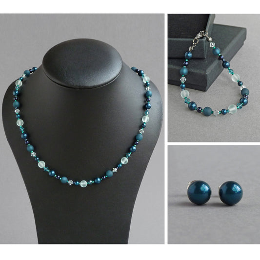 Teal pearl jewellery set. Petrol blue beaded necklace, single strand bracelet and 6mm stud earrings.