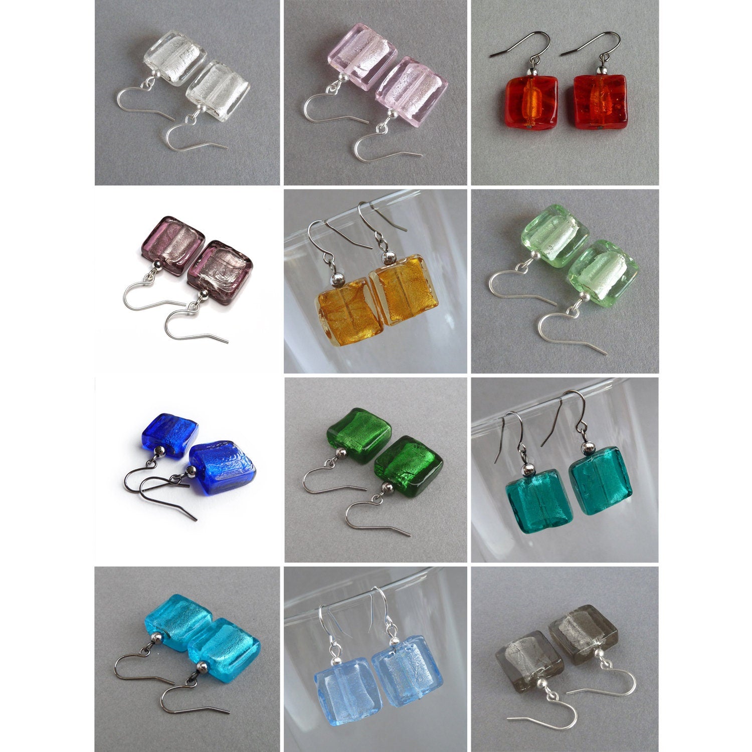 Fused glass drop earrings in a variety of different colours.
