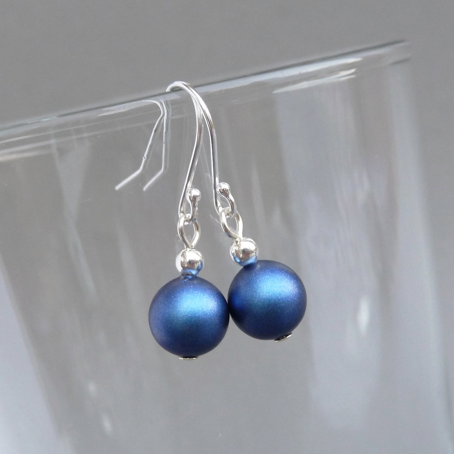 Simple Iridescent Dark Blue Pearl Dangle Earrings - Everyday, Royal Blue, Drop Earrings