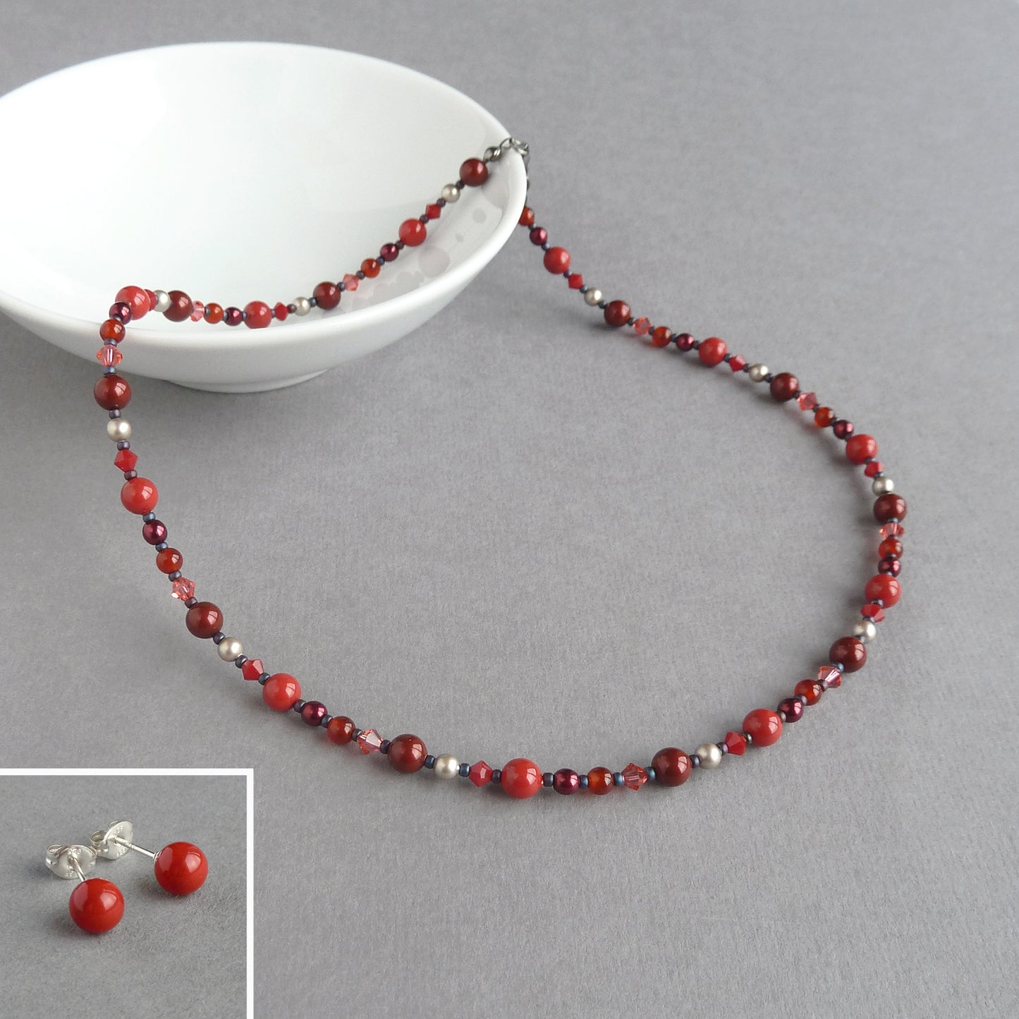 Coral red necklace and earrings set