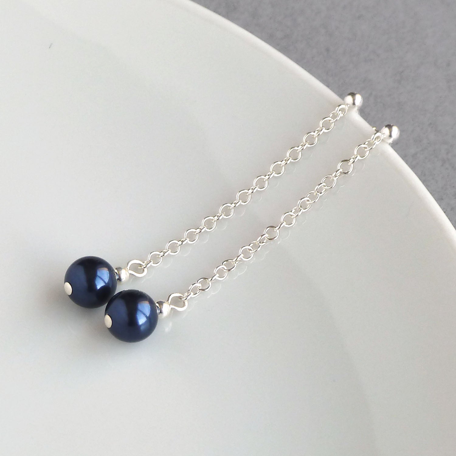 Navy Pearl Drop Earrings Long Dark Blue and Silver Chain Dangle Earrings