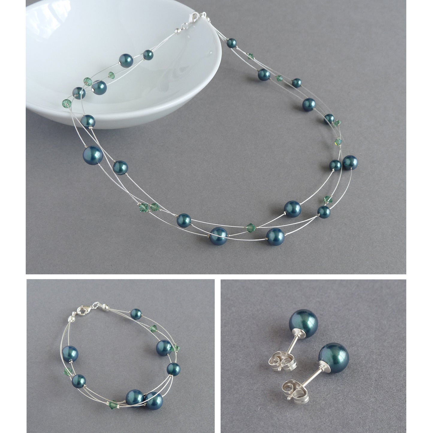 Dark green floating pearl jewellery set by Anna King