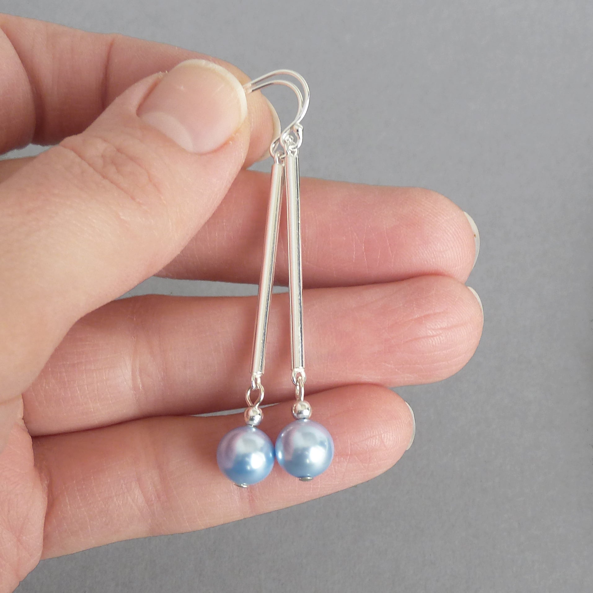 Handmade Blue Glass Pearl & Silver Plated Dangle Earrings (Drop Style)