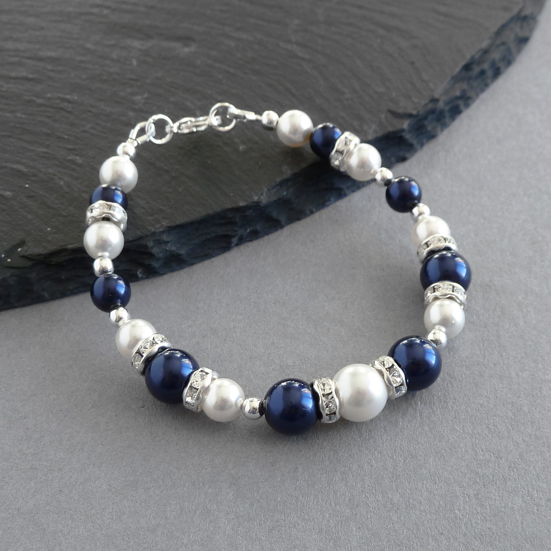 Navy Pearl and Crystal Bracelet Dark Blue Bridesmaids Bridal
