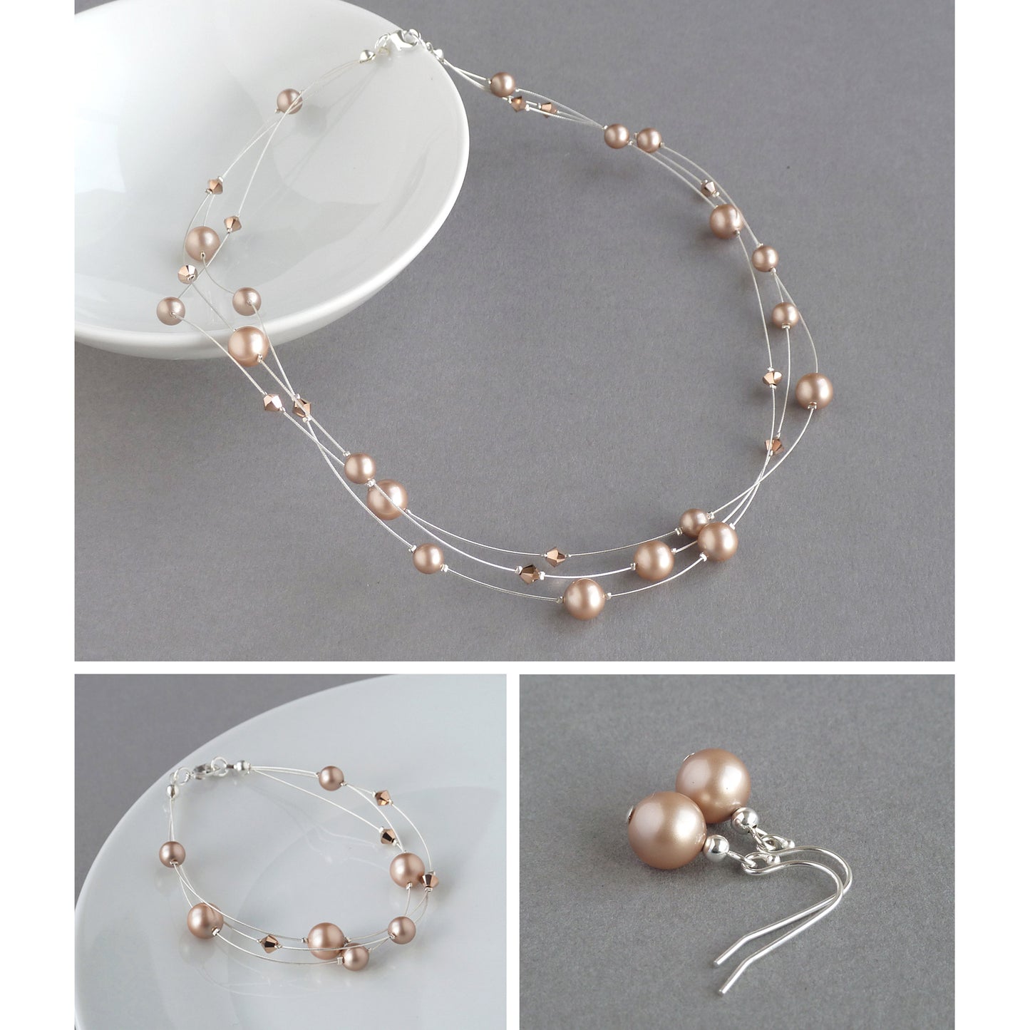 Rose gold floating pearl jewellery set by Anna King Jewellery