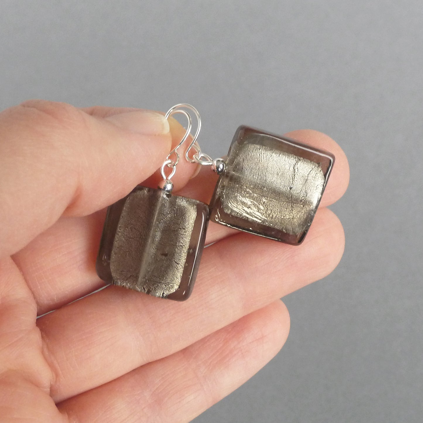 Square dark grey glass earrings