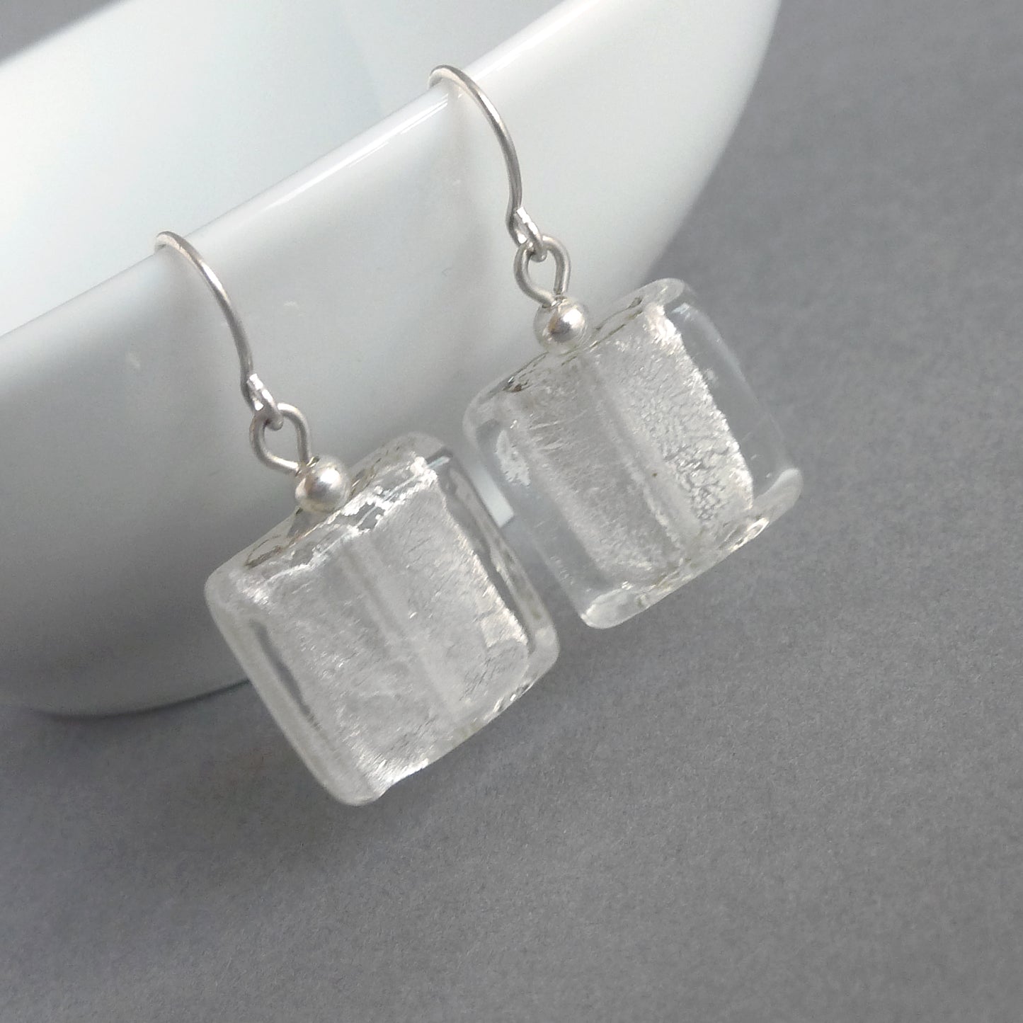 Square white glass bead earrings