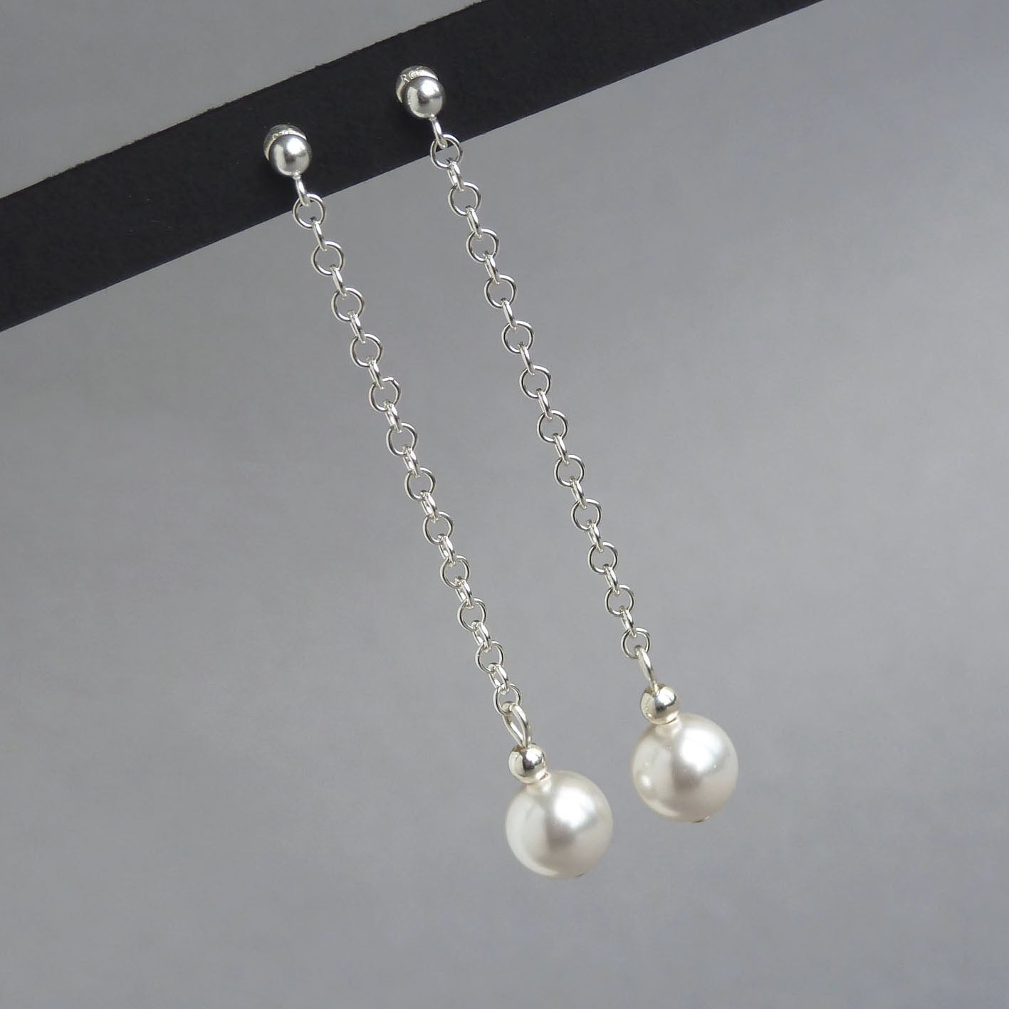 White Glass Pearl Drop Earrings Delicate, Long, Chain Dangle