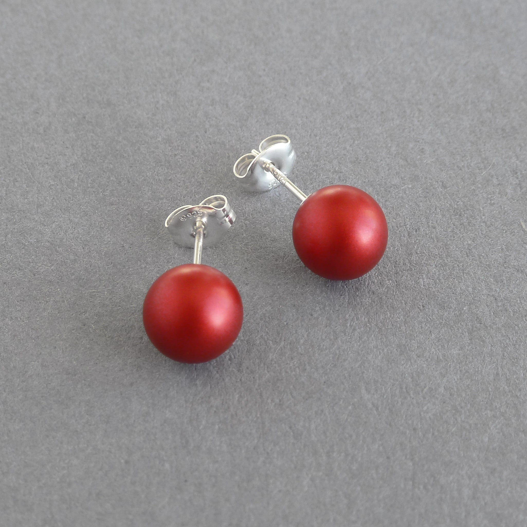 8mm Bright Red Pearl Stud Earrings Scarlet, Round, Coloured
