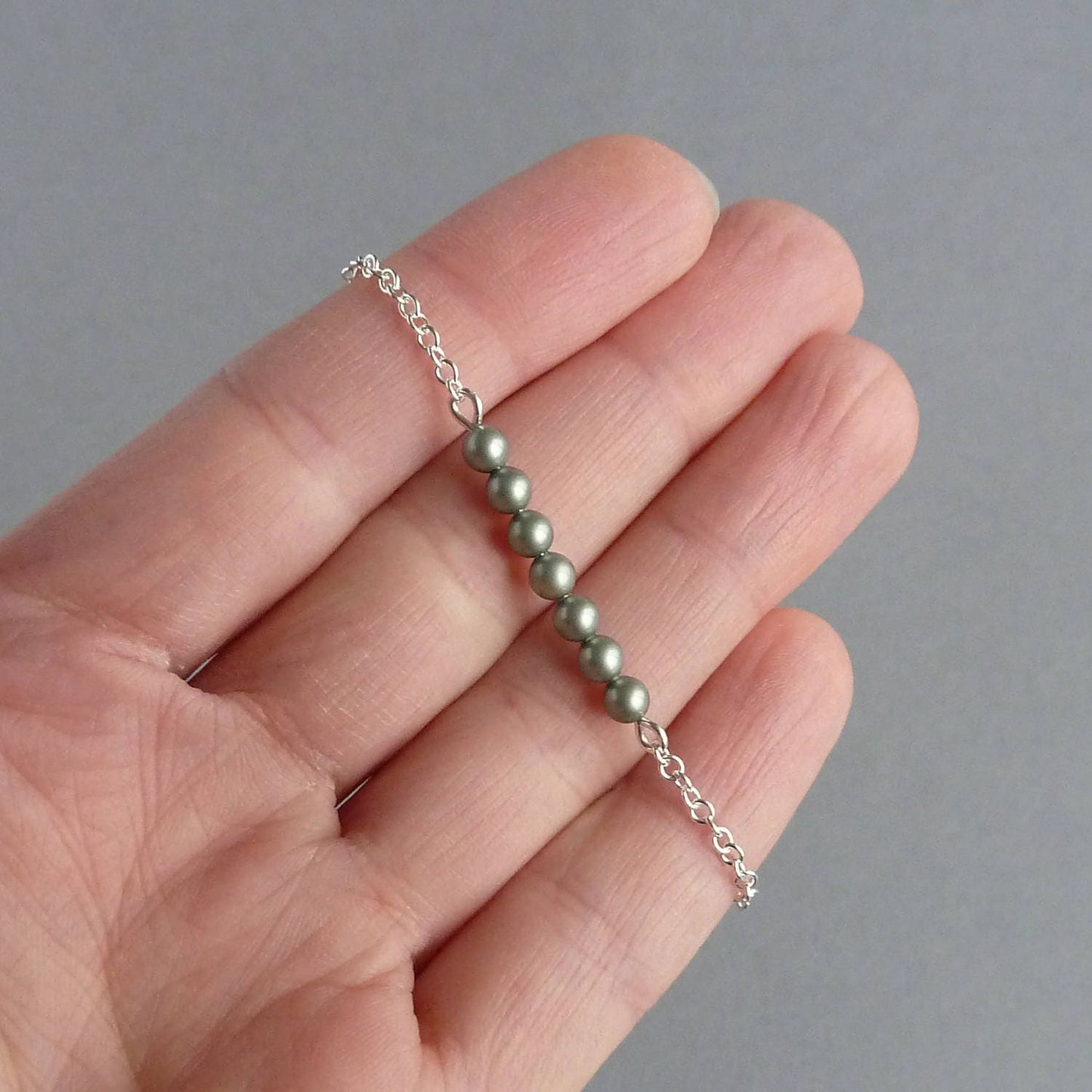 Sage Green Pearl Layering Bracelet - Dainty, Chain and Dusty Green, Pearl Bar Bracelets
