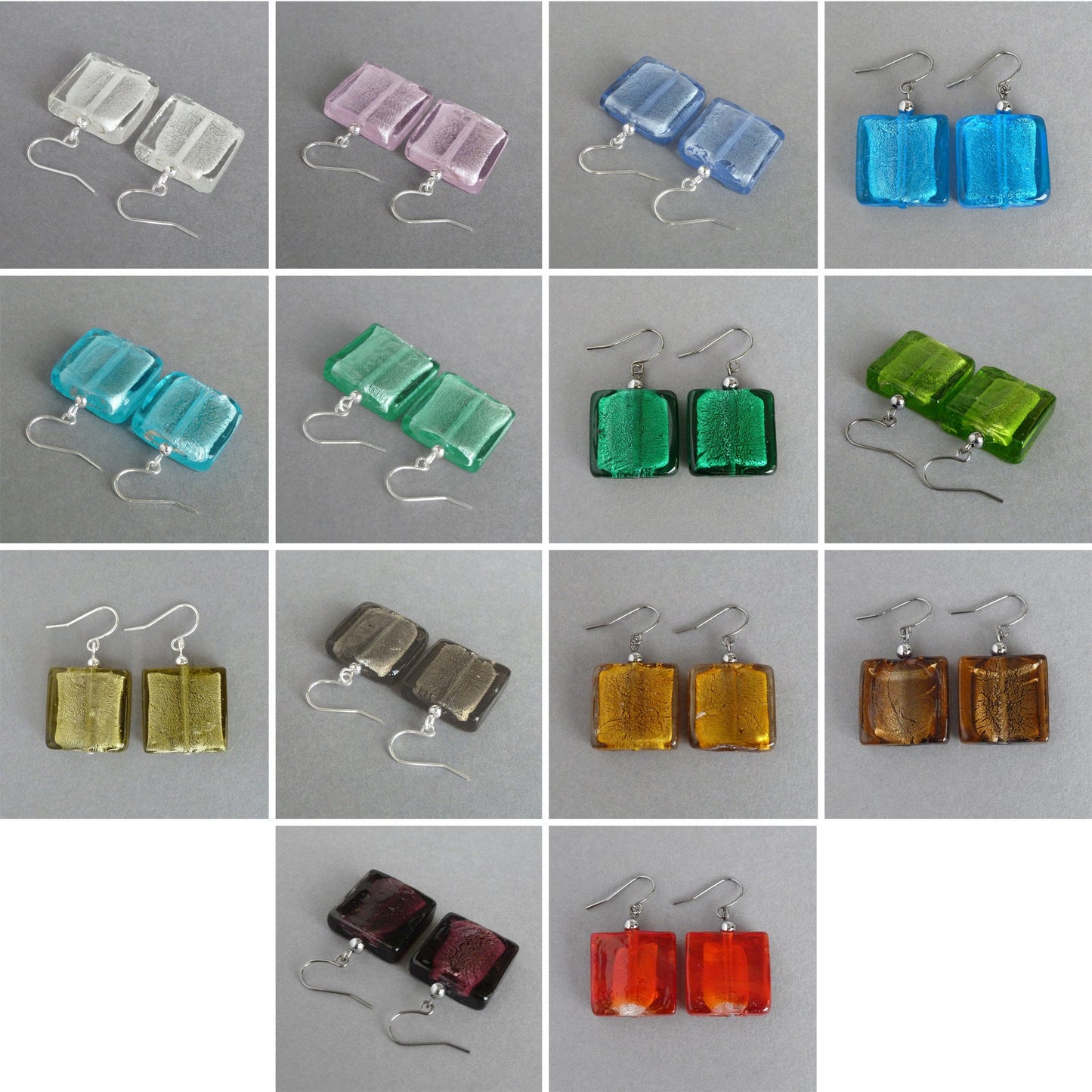 Large Grey Fused Glass Dangle Earrings - Big, Square, Drop Earrings