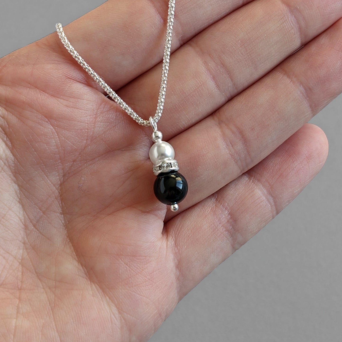 Jet Black Pearl Drop Necklace - Black Onyx and White Pendant Necklaces