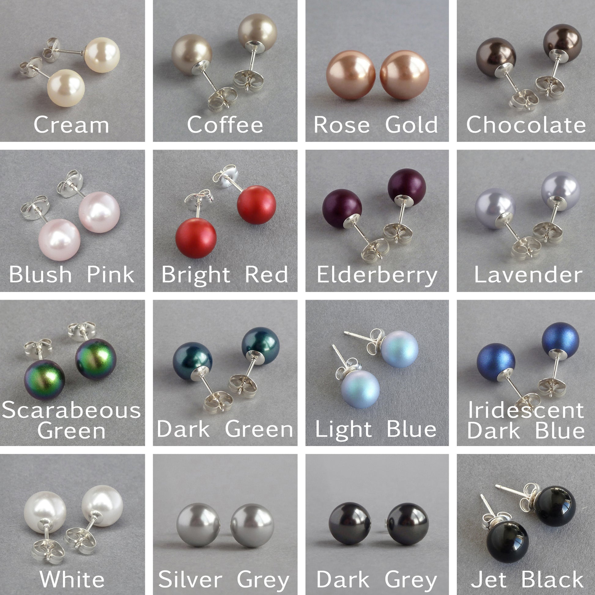 Colour chart for 8mm glass pearl stud earrings