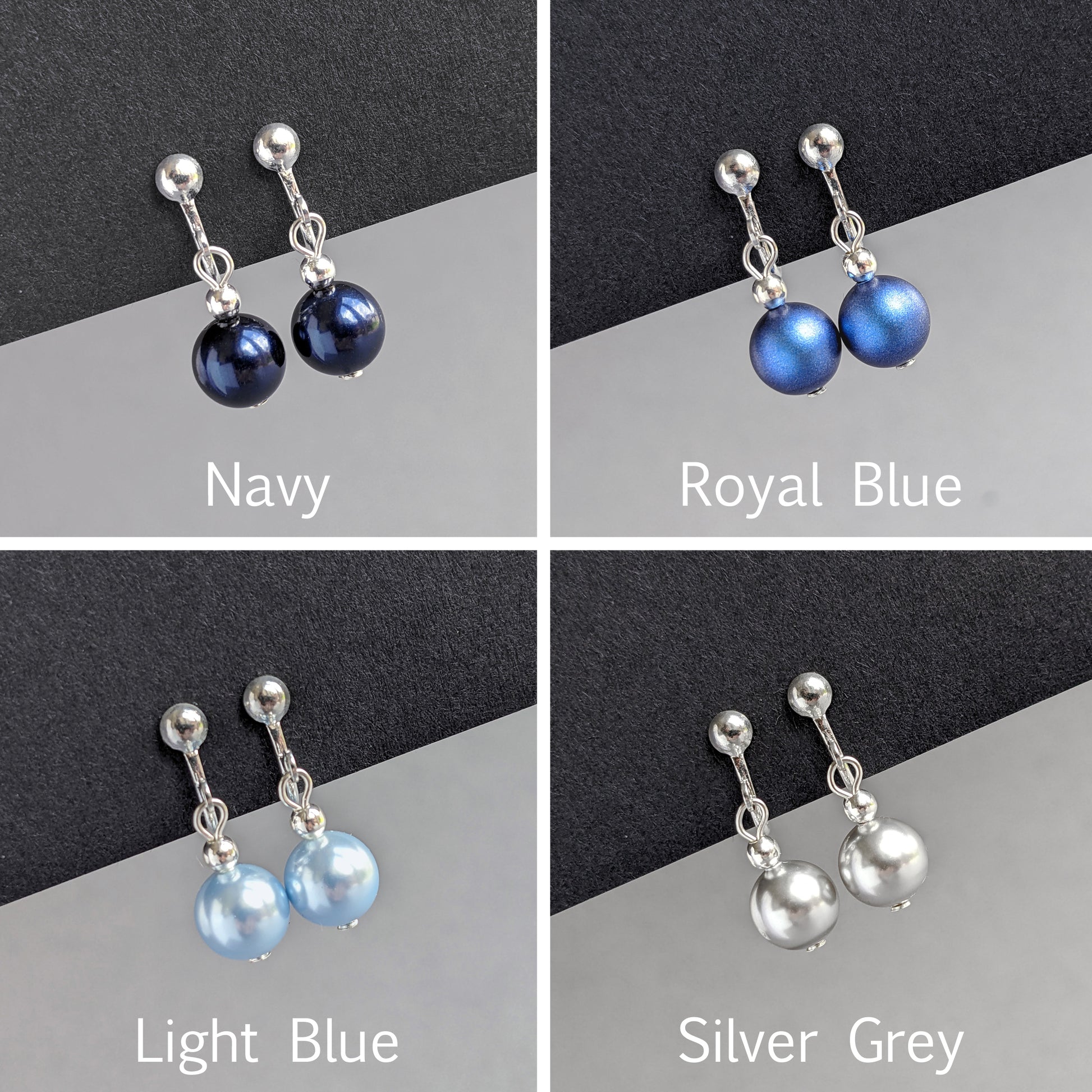 Navy, royal blue, light blue and light grey pearl earrings for non-pierced ears