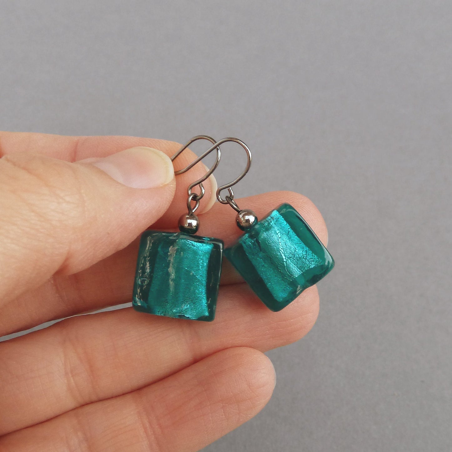 Blue green glass dangle earrings