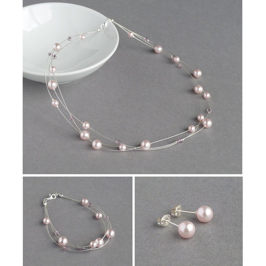Blush pink floating pearl jewellery set