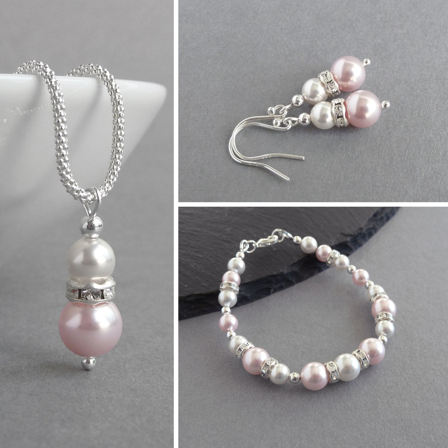 Blush pink pearl and crystal jewellery set by Anna King