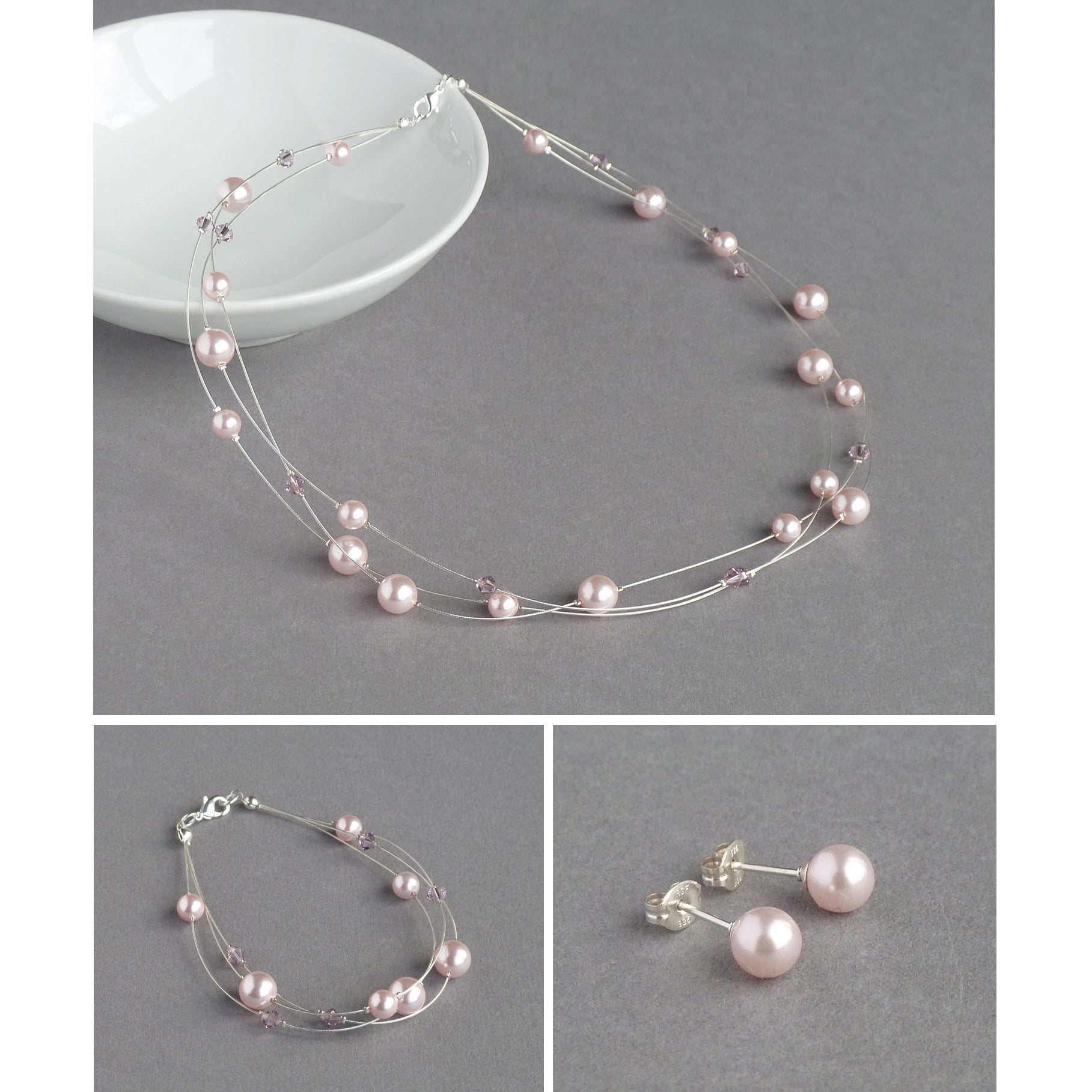 Blush pink floating pearl jewellery set by Anna King Jewellery