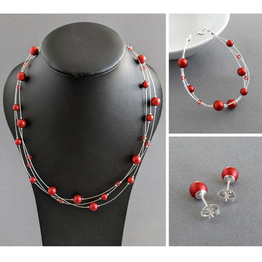 Bright red floating pearl jewellery set