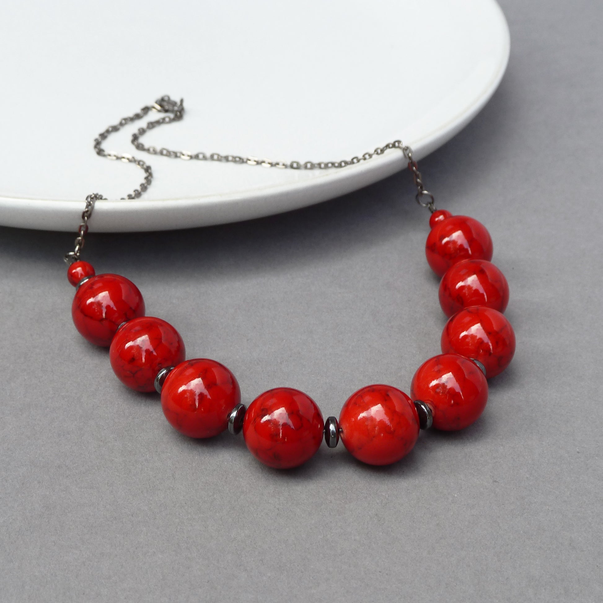 Chunky Bright Red Necklace Large, Scarlet Bead, Statement