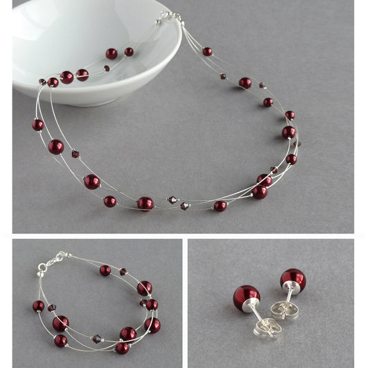 Burgundy Floating Pearl Jewellery Set - Dark Red Three Strand Necklace, Bracelet and Drop Earrings