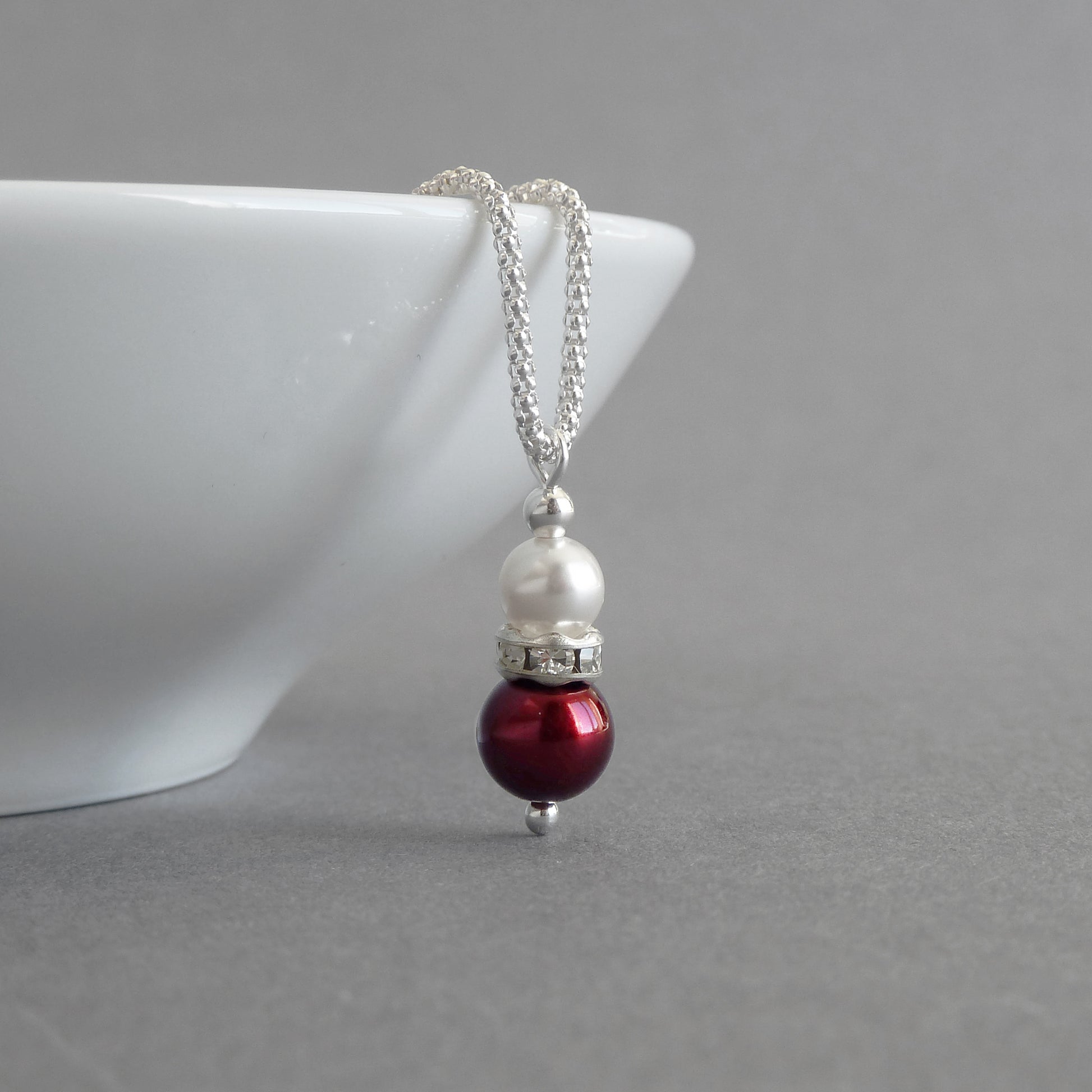 Burgundy Pearl Drop Pendant Necklace Dark Red Wedding Necklaces
