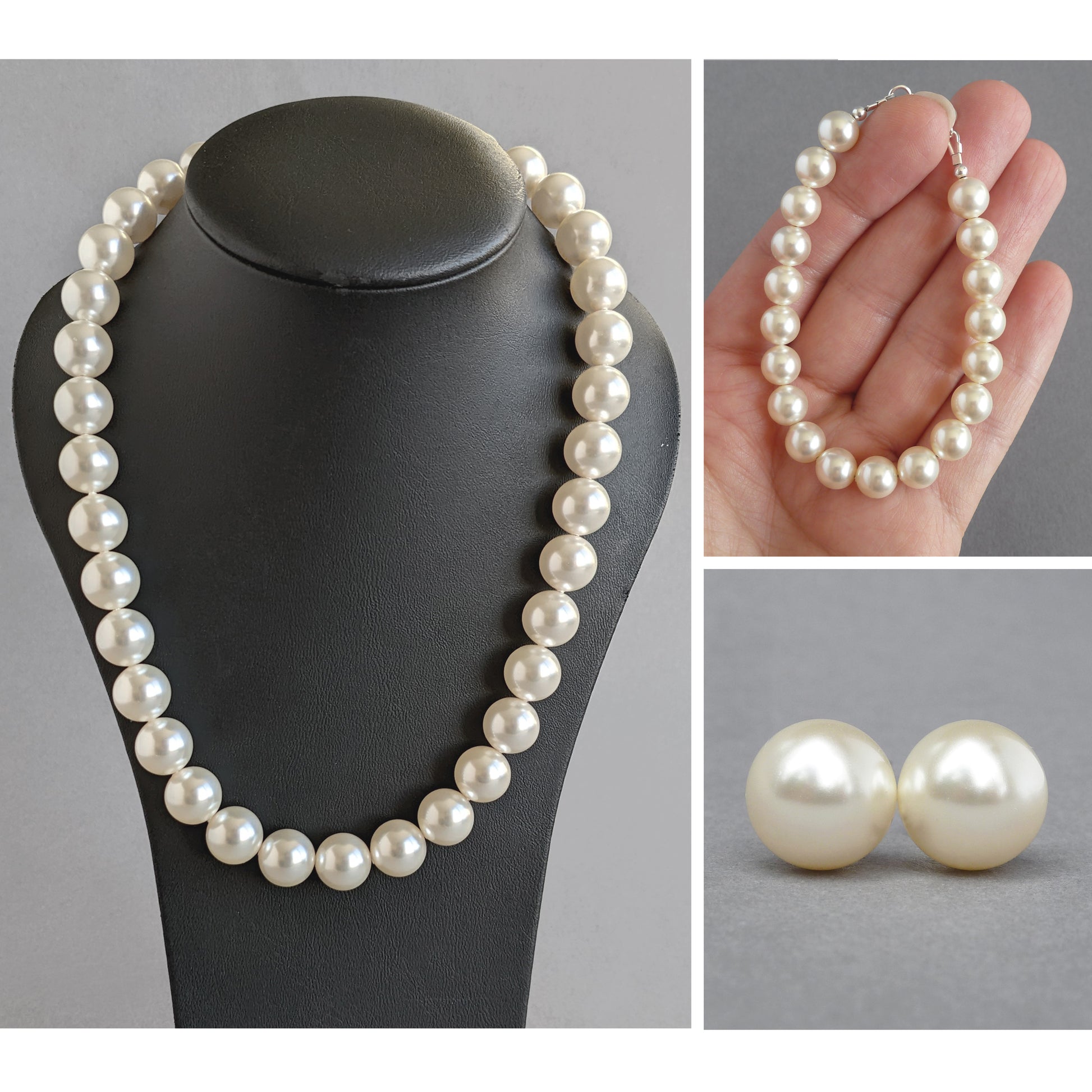 Chunky cream pearl jewellery set - cream single strand necklace, bracelet and  12mm pearl studs