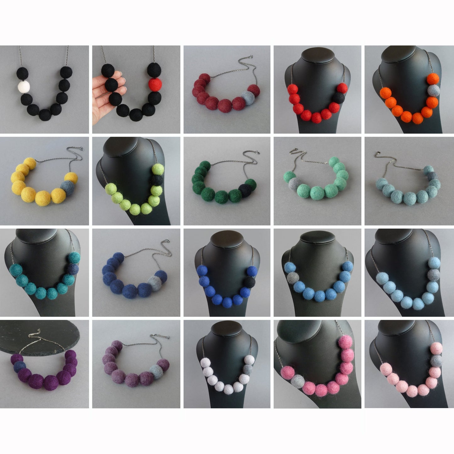 Chunky felt necklaces in a range of different colours