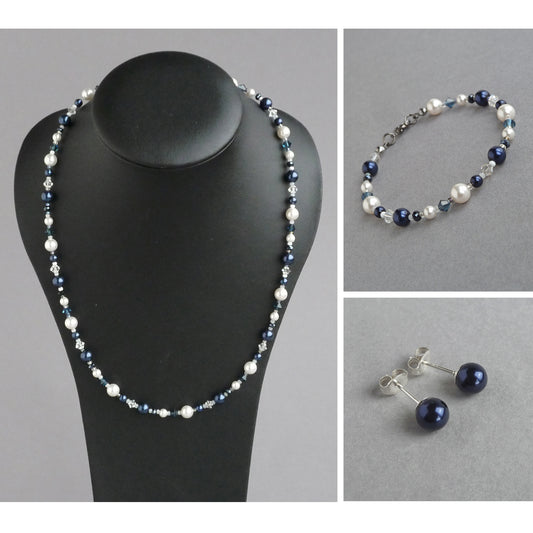 Dark blue beaded jewellery set. Matching necklace, bracelet and earrings set.