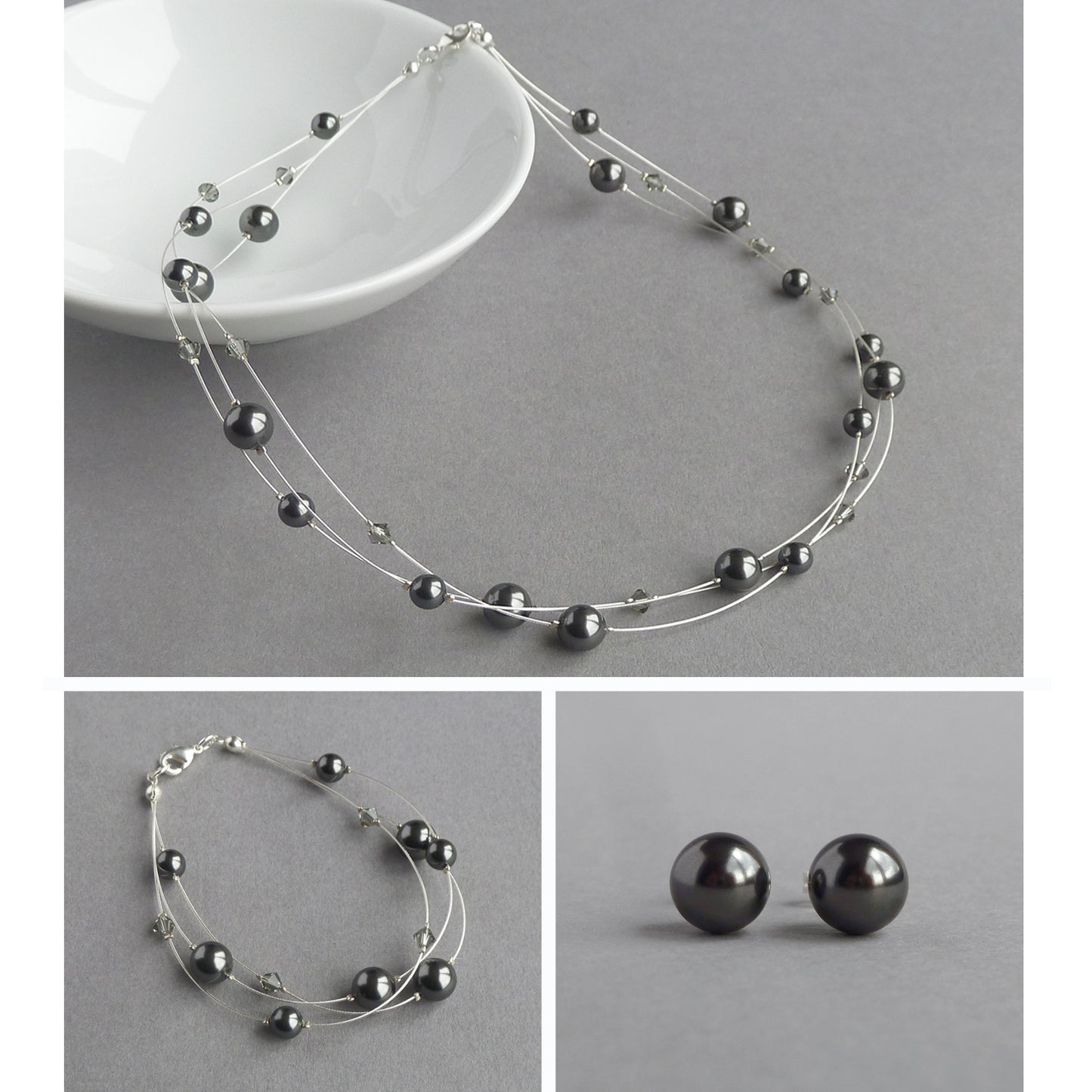 Dark grey floating pearl jewellery set