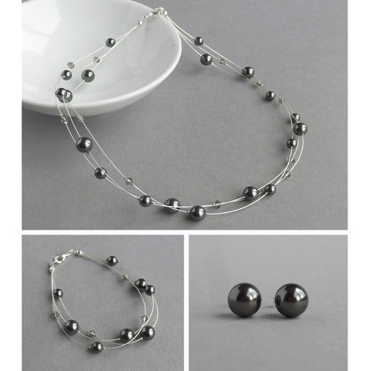 Dark grey floating pearl jewellery set