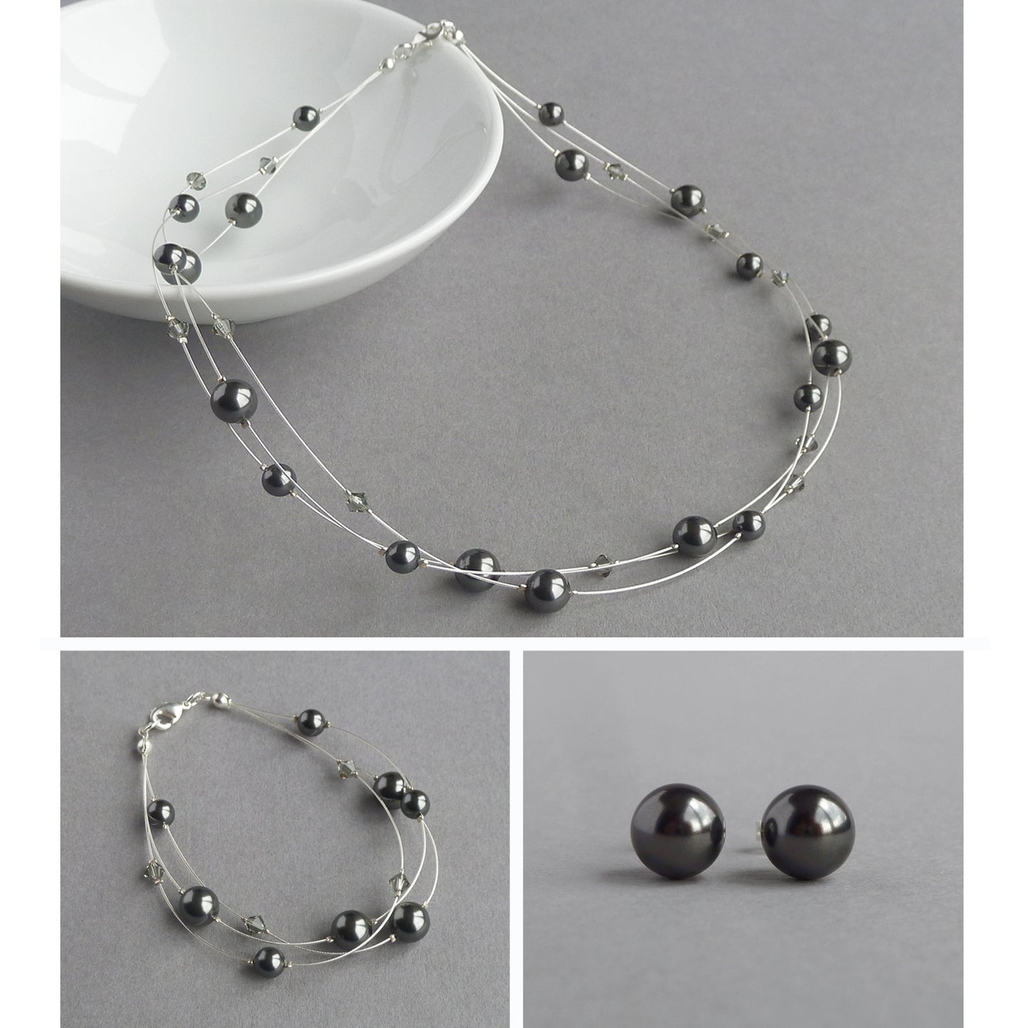 Dark grey floating pearl jewellery set by Anna King Jewellery