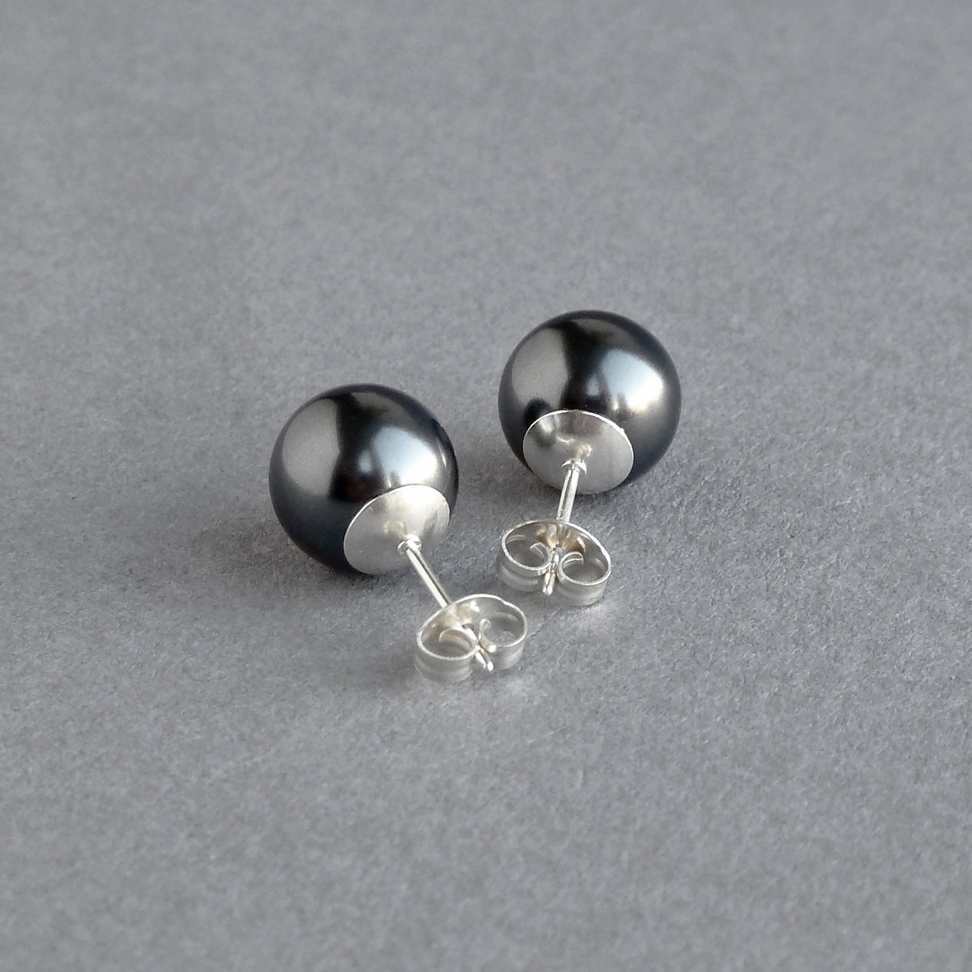 10mm Black Pearl Stud Earrings Round, Large, Dark Grey Studs