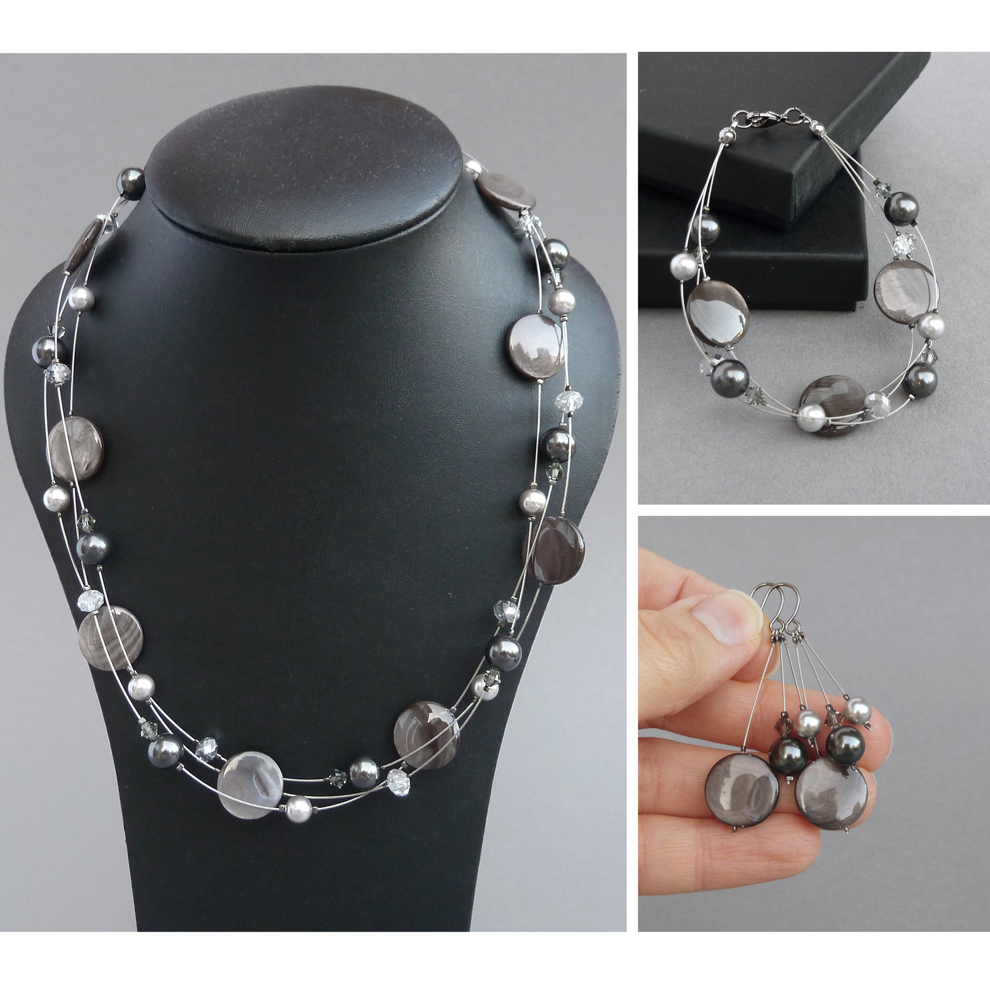 Dark grey three strand jewellery set