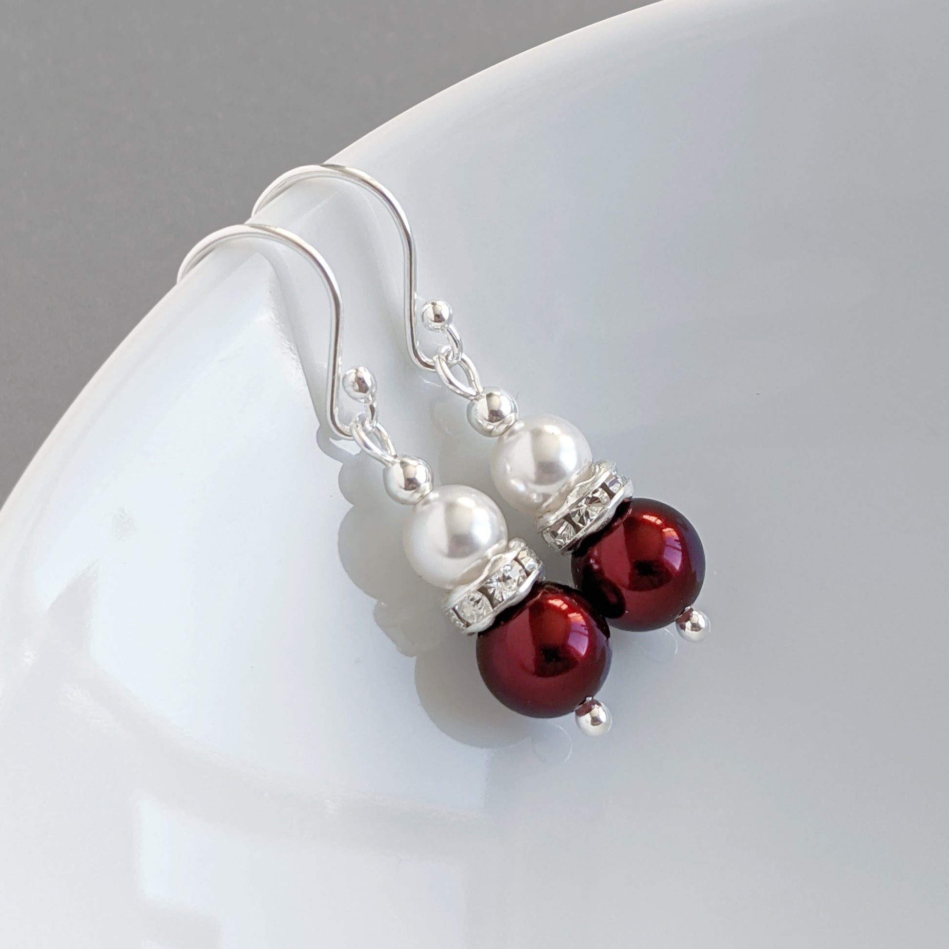 Dark red pearl and crystal drop earrings